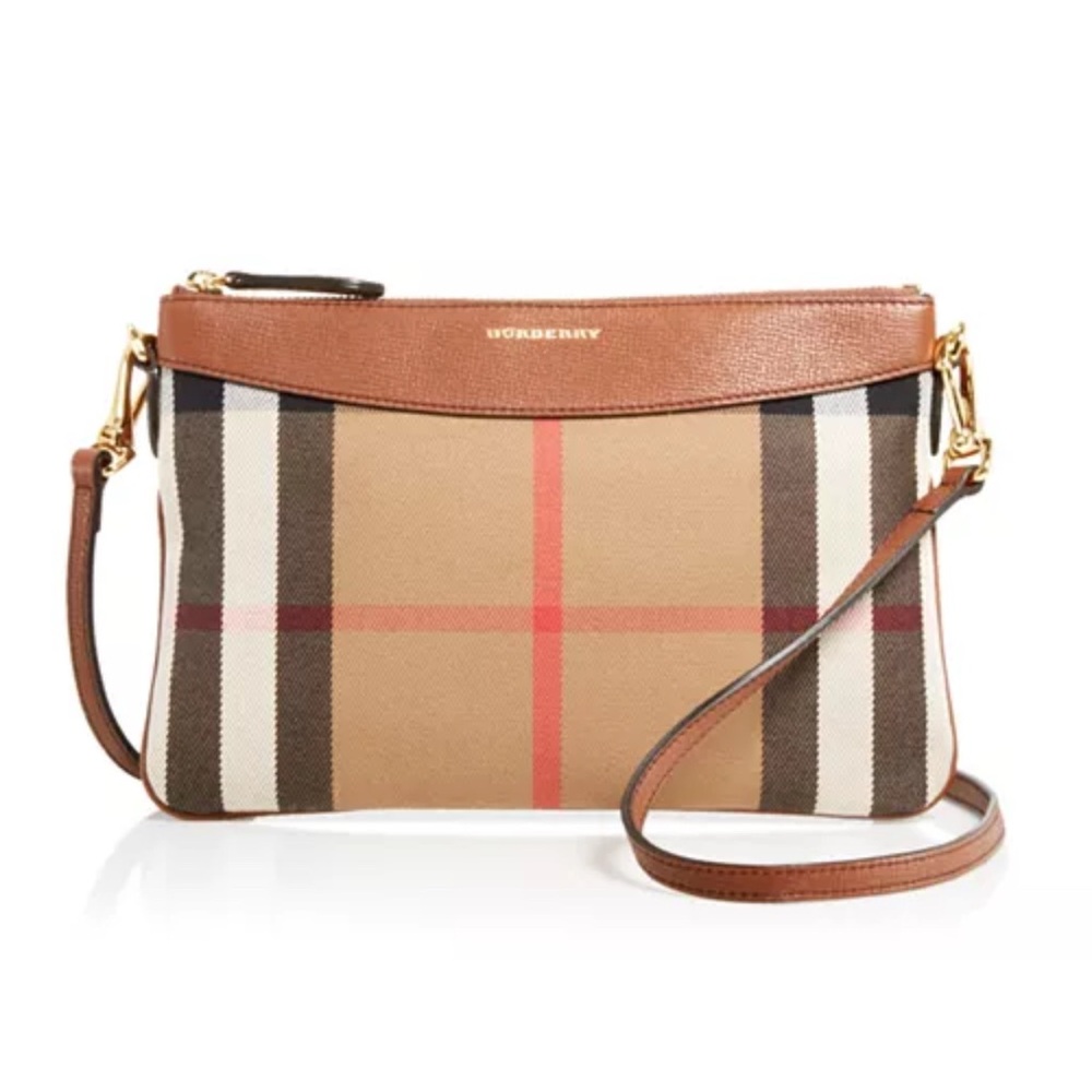 Burberry Tan Plaid Canvas Crossbody Bag with pink  Leather Trim